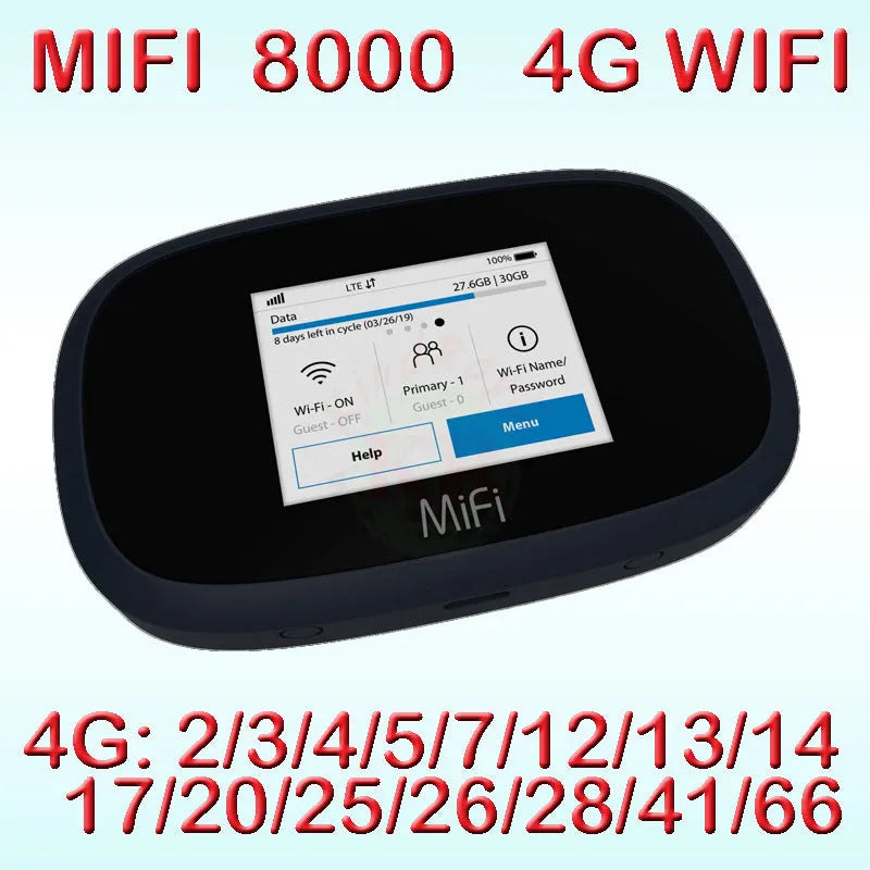 Black MIFI8000 portable 4G wireless router with compact design showing front panel indicators