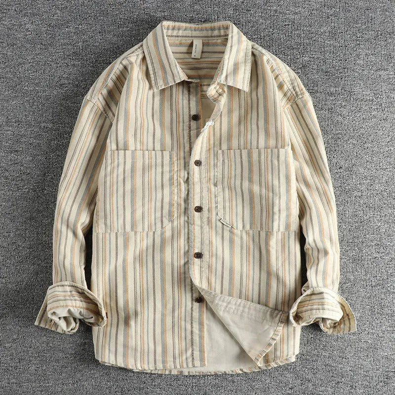 Men's vintage yarn-dyed striped casual shirt in loose fit Japanese retro style