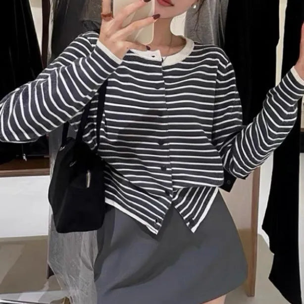 Women's dark grey and white striped viscose cardigan with French style design and 40cm short length