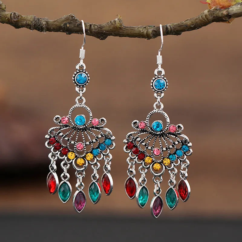 Purple retro crystal fringe drop earrings with ethnic style elements