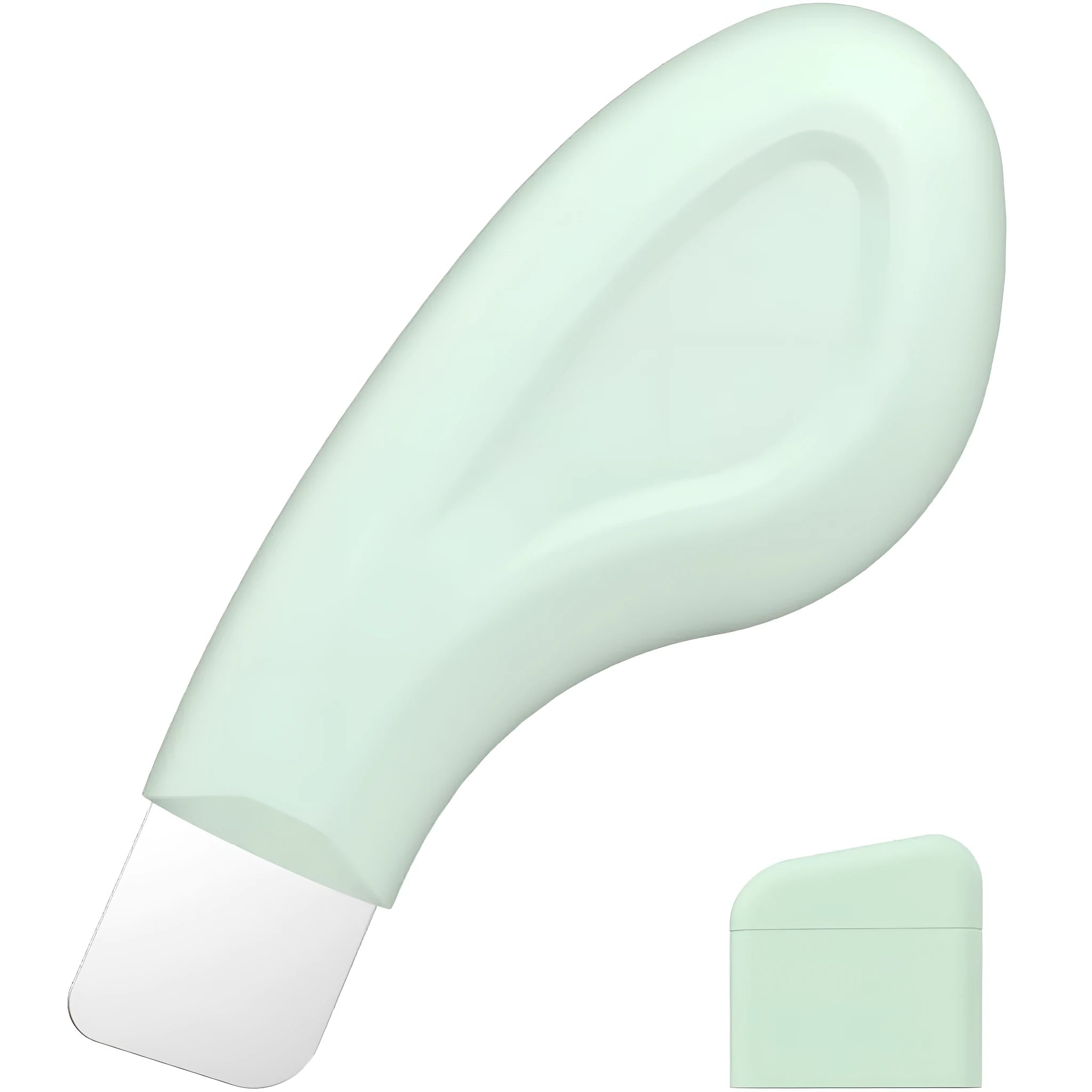 Green stainless steel blackhead scraper tool with a non-slip handle for facial pore cleaning.