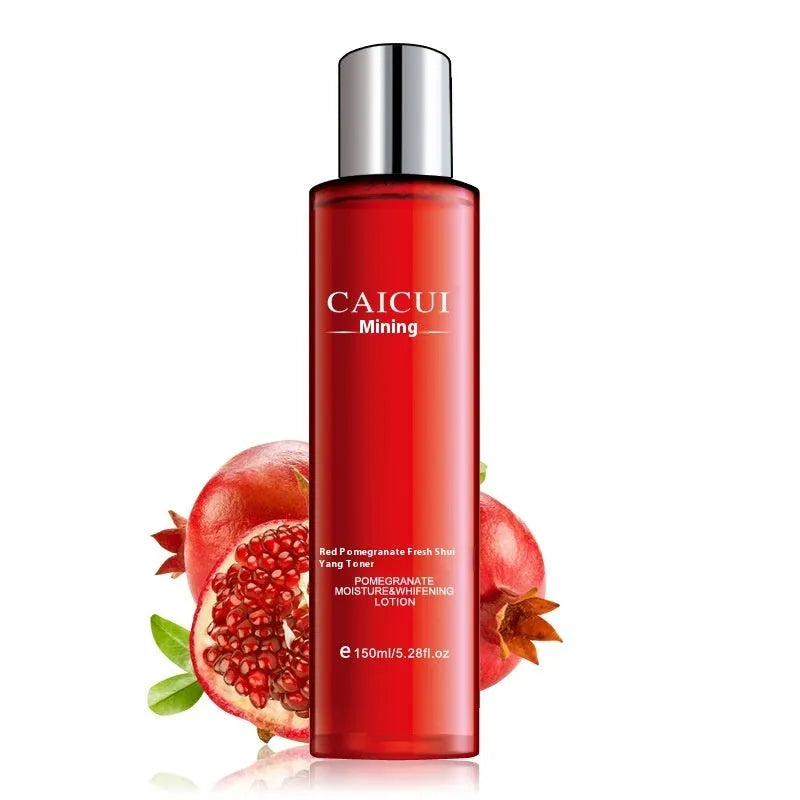 Pomegranate skincare set with four products: face wash, toner, lotion and facial cream in red packaging