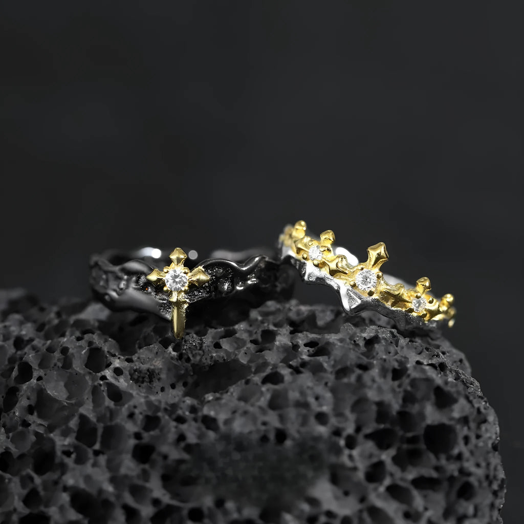 Princess Knight adjustable silver couple ring with white gold or black gold electroplated finish