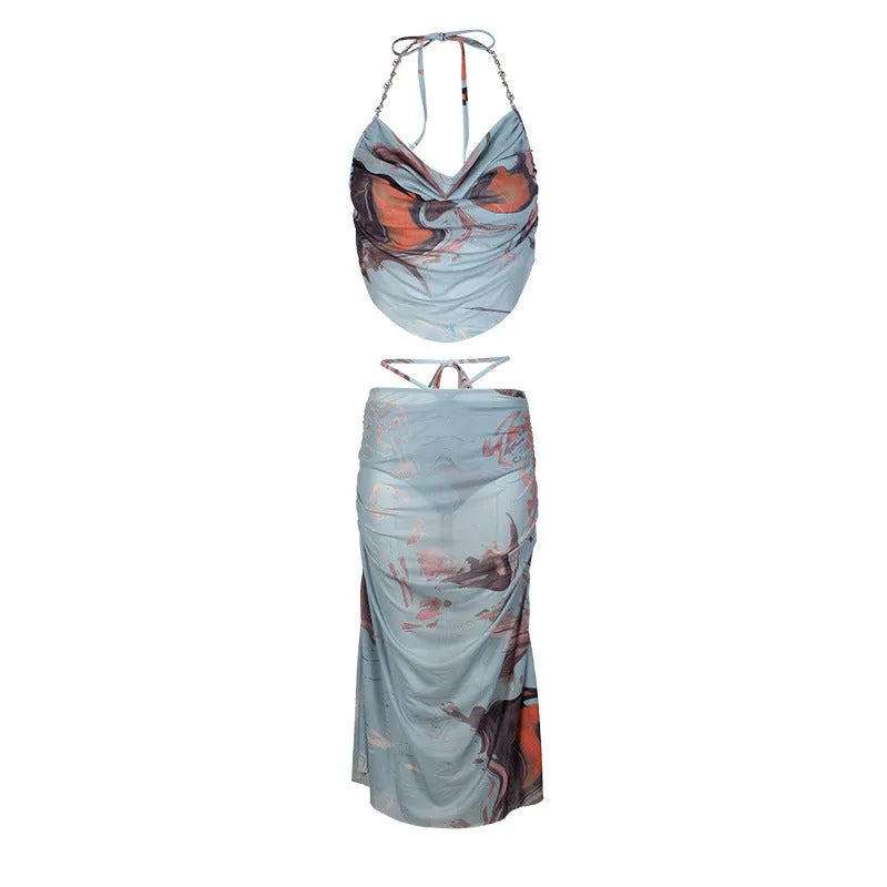 Blue women's three-piece bikini set with diamond chain split detail on briefs