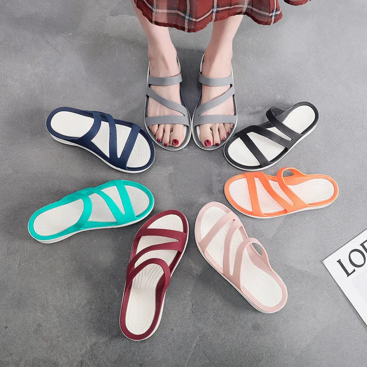 Women's solid-colour casual beach sandals with breathable PP upper on a neutral background