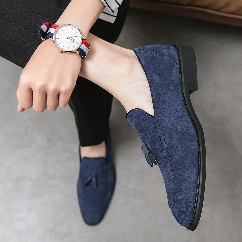 Men's suede matte fashion leather shoes in blue and purple with artificial PU upper and injection moulded sole