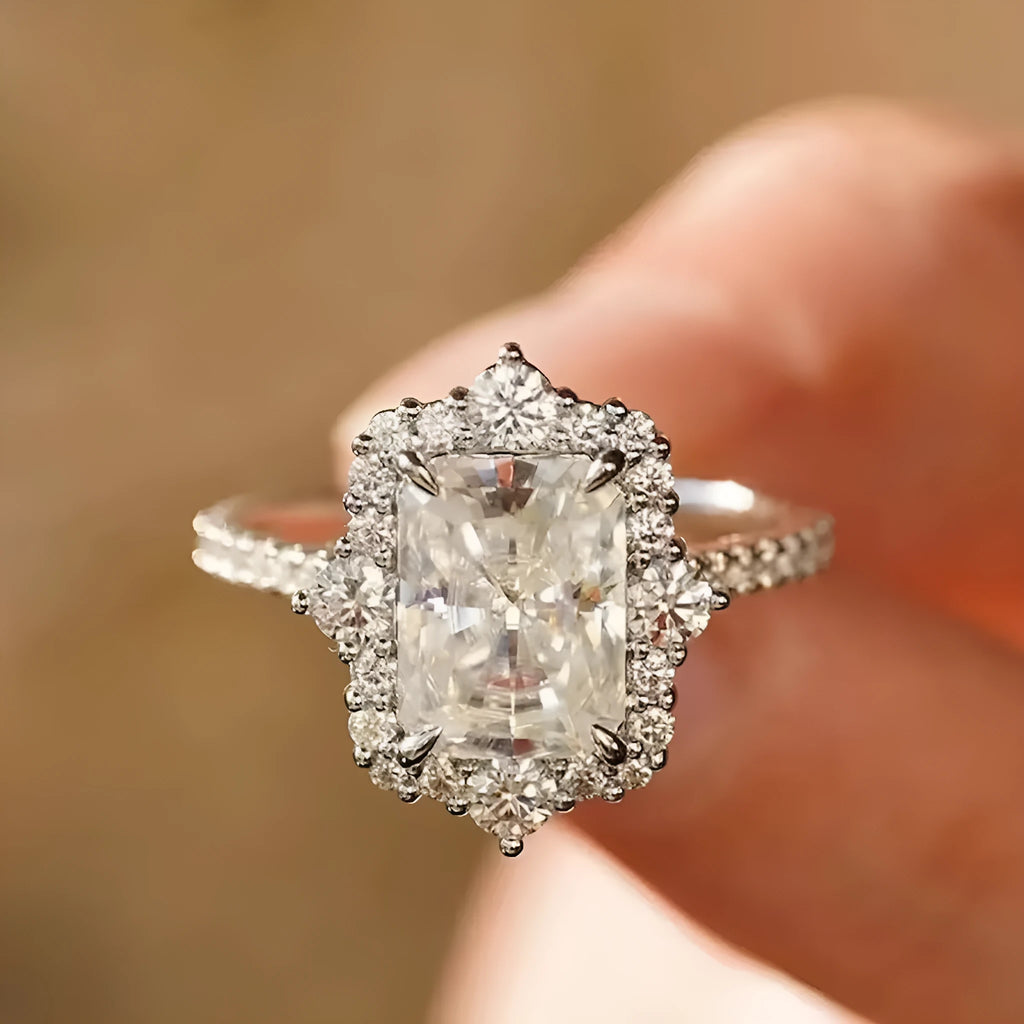 Rectangular copper ring with diamond accent in white gold finish for women