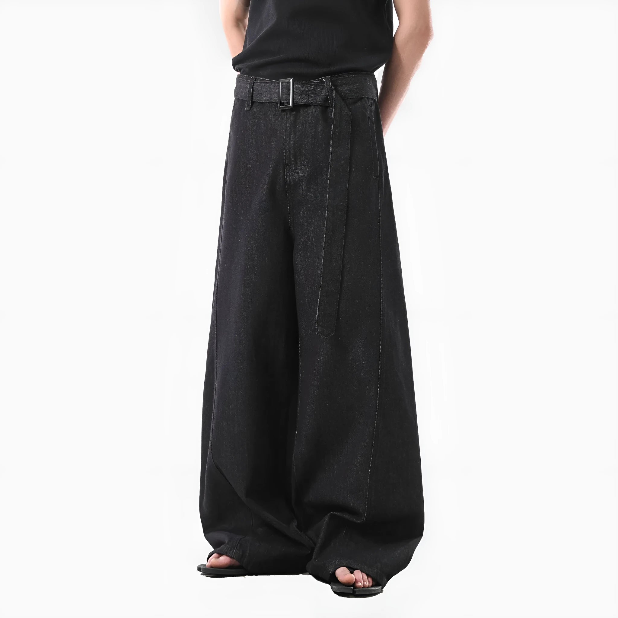 Black high waist straight leg jeans with gold accents and retro American styling details