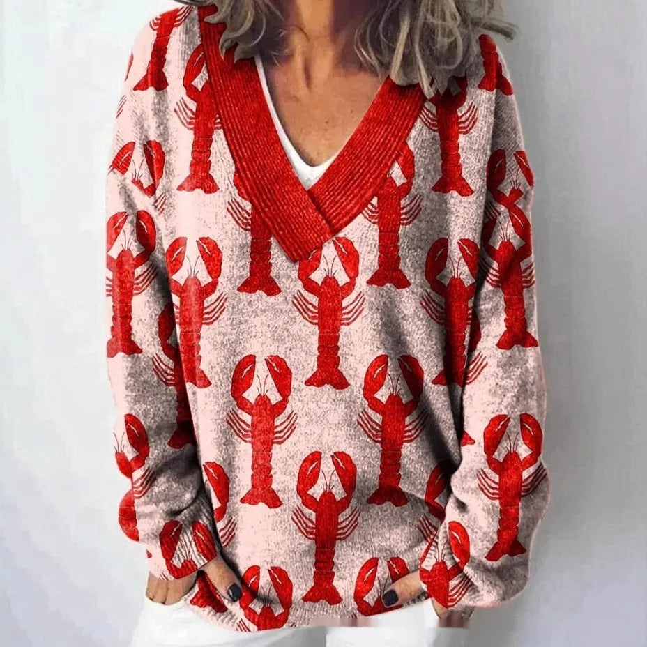 Women's V-neck long sleeve sweatshirt with a 3D printed floral pattern in a retro art style