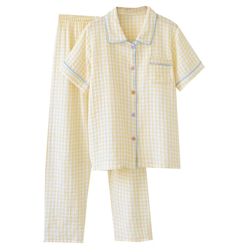 Women's washed cotton double-layer gauze short-sleeved trouser set in floral or plaid pattern