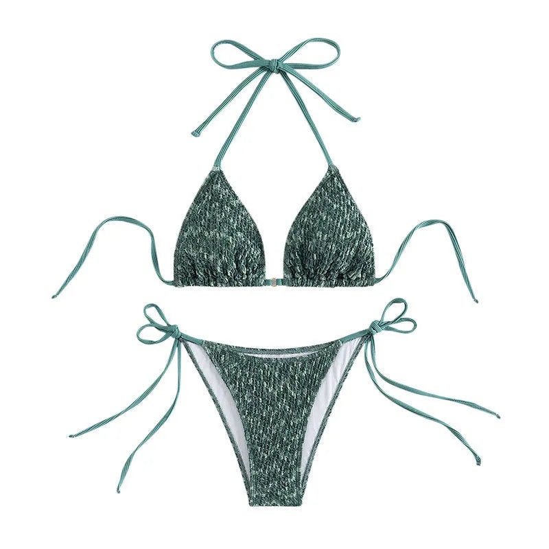 Women's green halter strap backless swimsuit with three-point design and matching shorts