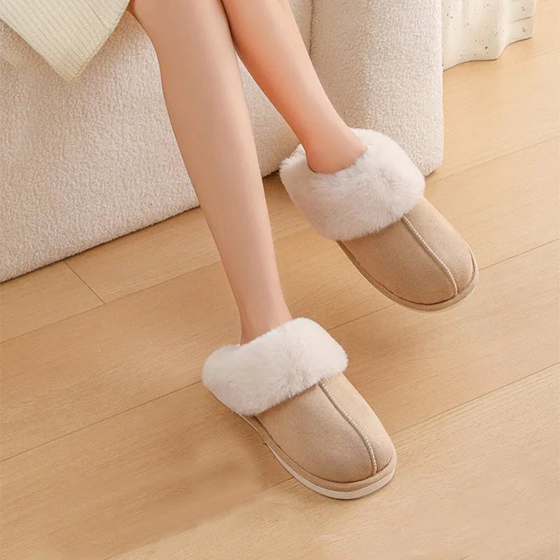 Women's indoor plush slippers in round-toe design with cotton upper and PVC anti-slip soles