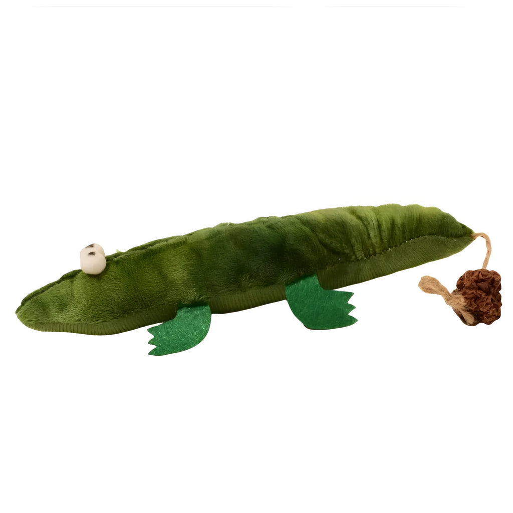 Green alligator-shaped cat toy with catnip and peppermint scent for oral cleansing