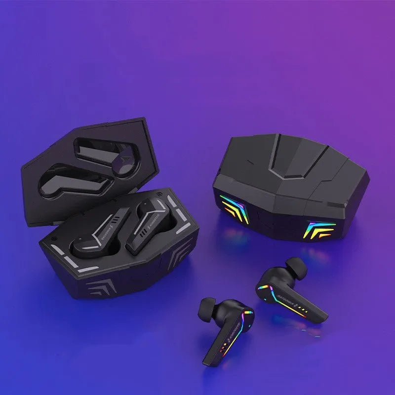 Black low latency TWS Bluetooth sports headset with NFC and earplug design on a dark background.