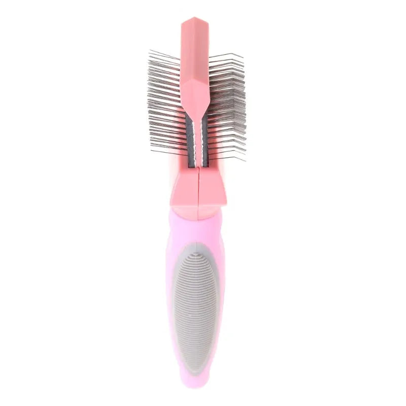 Double-sided blue pet brush for dogs and cats showing soft pins on one side and firm stainless steel pins on the other.