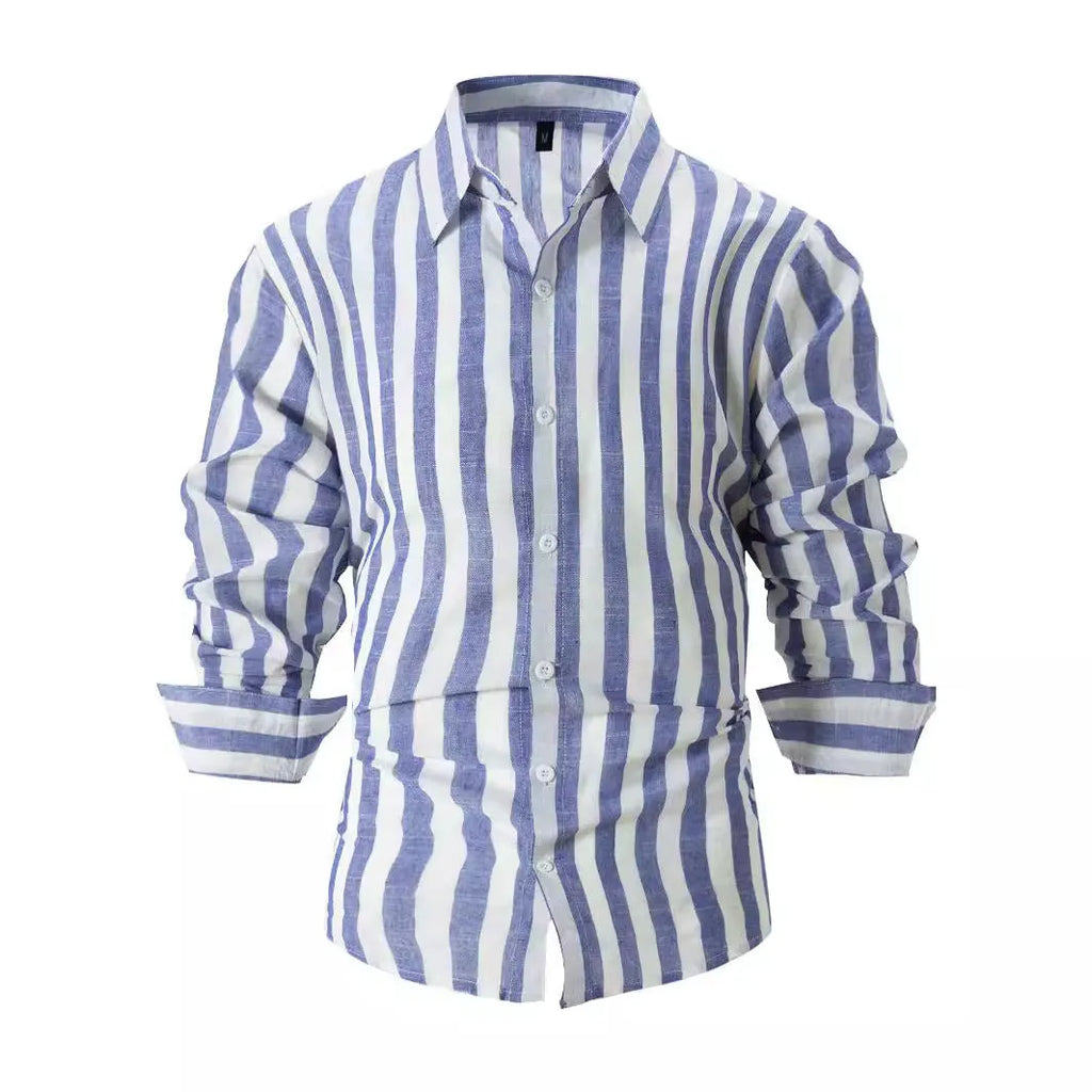 Men's loose-fit striped casual long-sleeved shirt in British cardigan style, shown in a selection of colours.