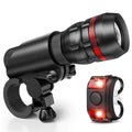 Bicycle headlight and taillight set with a black mounting bracket on a bike handlebar