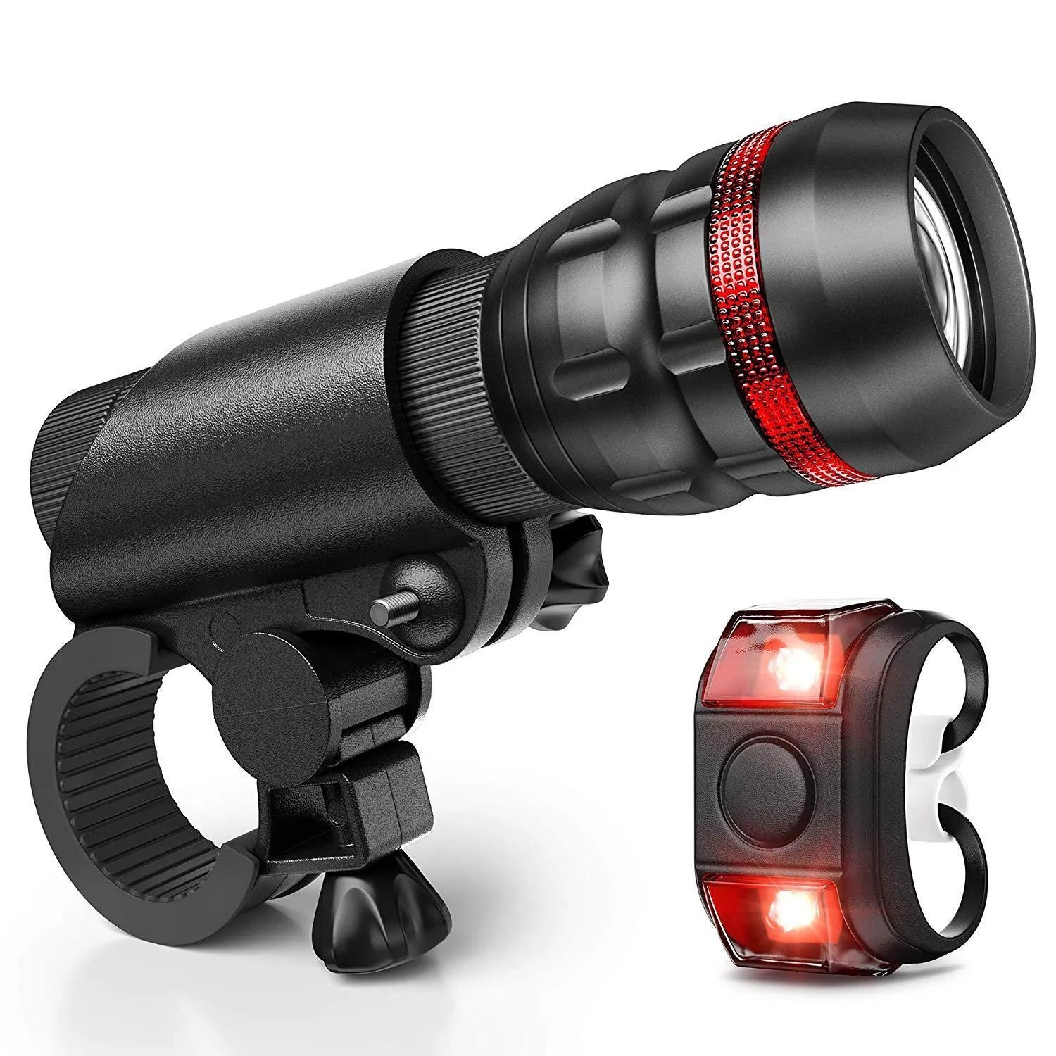 Bicycle headlight and taillight set with a black mounting bracket on a bike handlebar