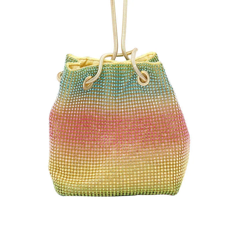 Sparkling rhinestone bucket handbag with a soft, unstructured shape on a neutral background.
