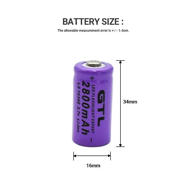 16340 lithium battery 3.7V 1000mAh for laser aiming instruments and CR123A torches with charger