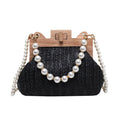 Women's straw woven shoulder bag with pearl chain strap in horizontal square shape