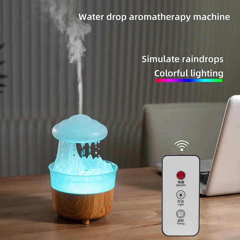 Wood grain white cloud-shaped humidifier diffuser with LED lights and water droplet effect