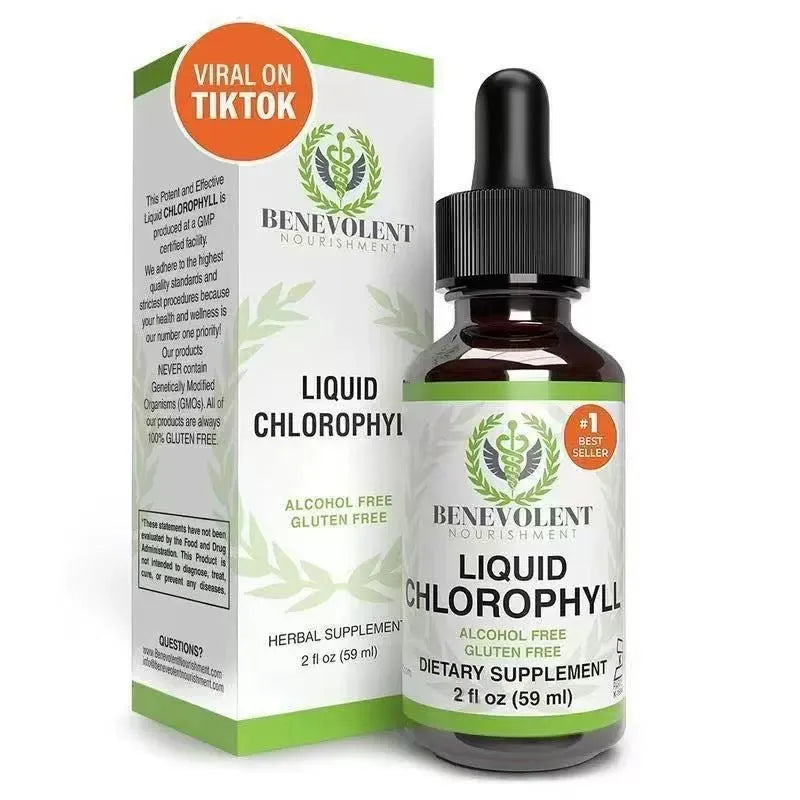 60ml bottle of natural liquid chlorophyll drops with dropper for adult dietary supplementation.