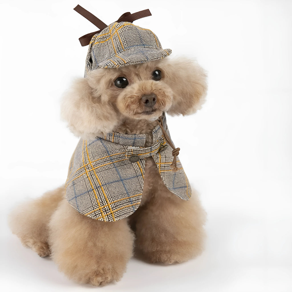 Camel coloured cotton pet cloak with adjustable hat shown in multiple sizes for dogs and cats