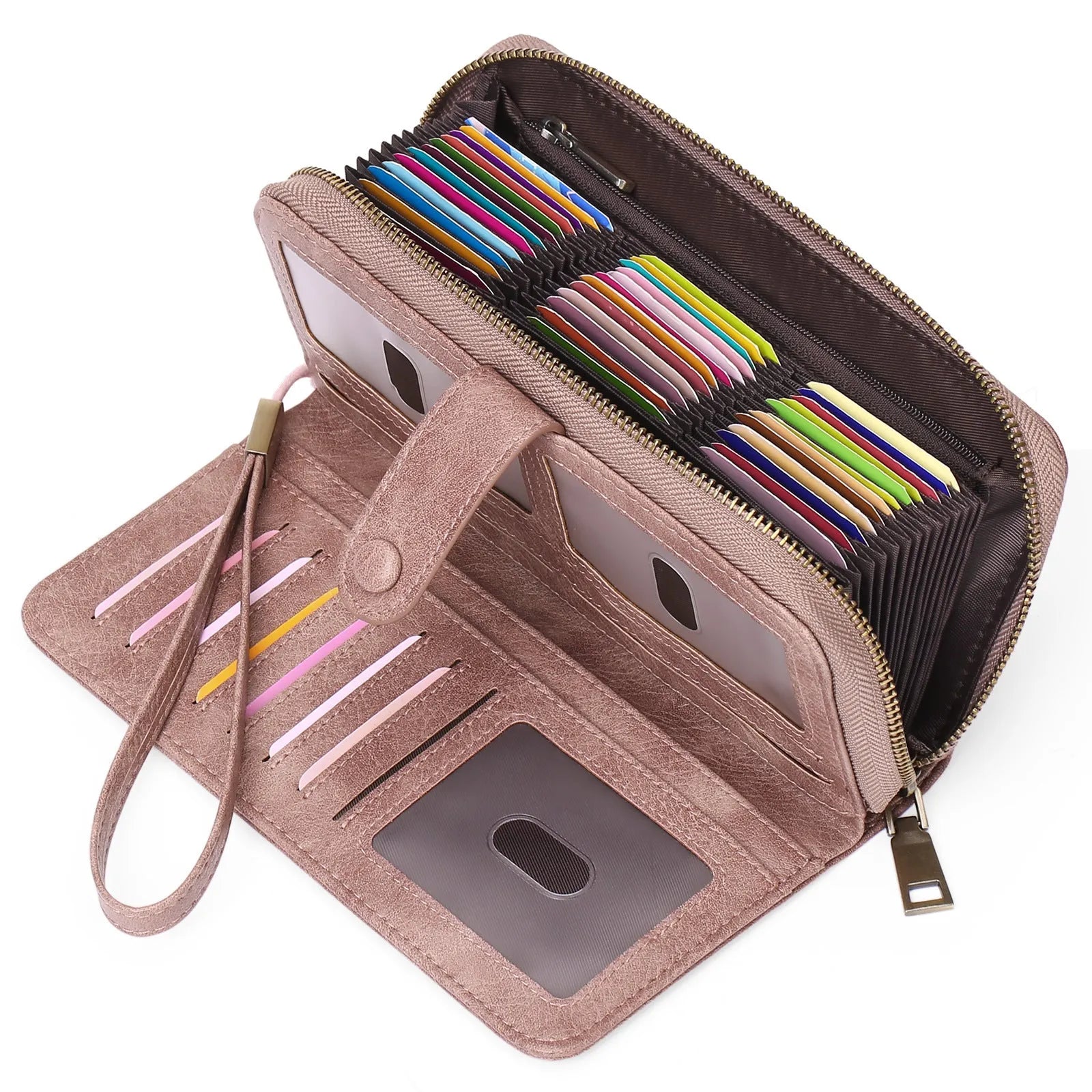 Women's expanding card holder long wallet in multiple colour options showing passport compartment and card slots