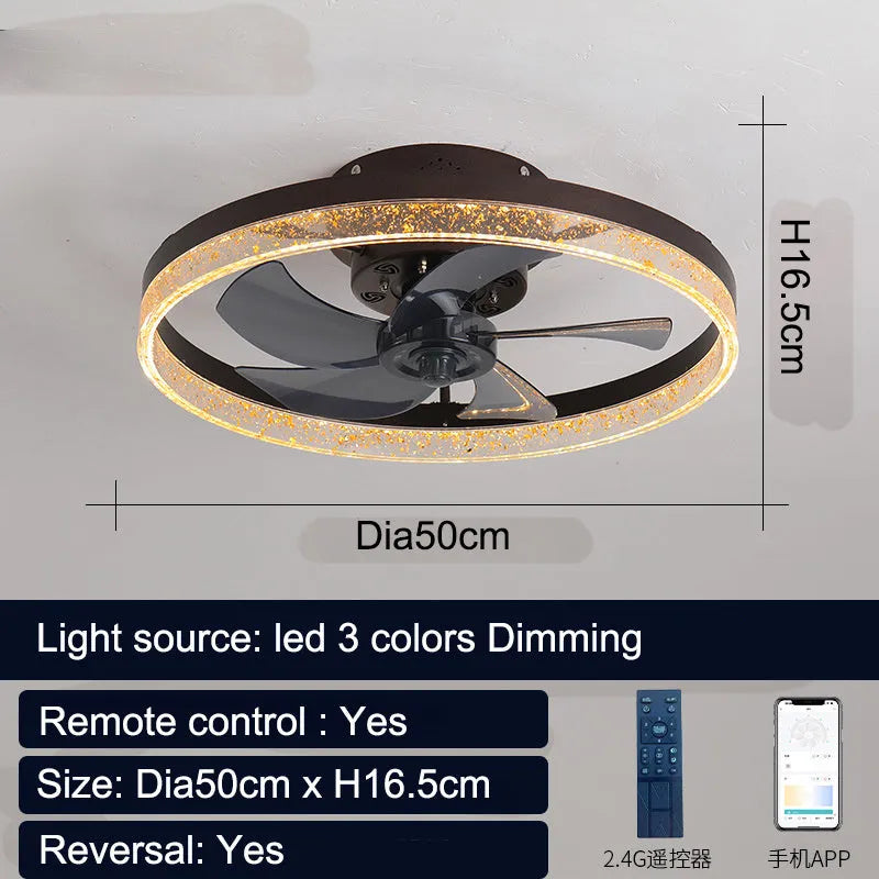 Nordic-style ceiling fan lamp with light and remote control, 50cm diameter in coffee gold finish.
