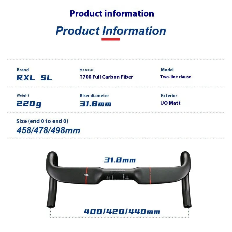 Carbon fibre road bicycle handlebar showing black double line finish and 420mm width measurement