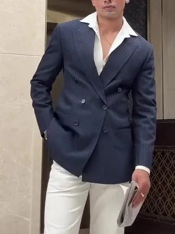 Men's classic striped double-breasted polyester blazer with regular fit styling