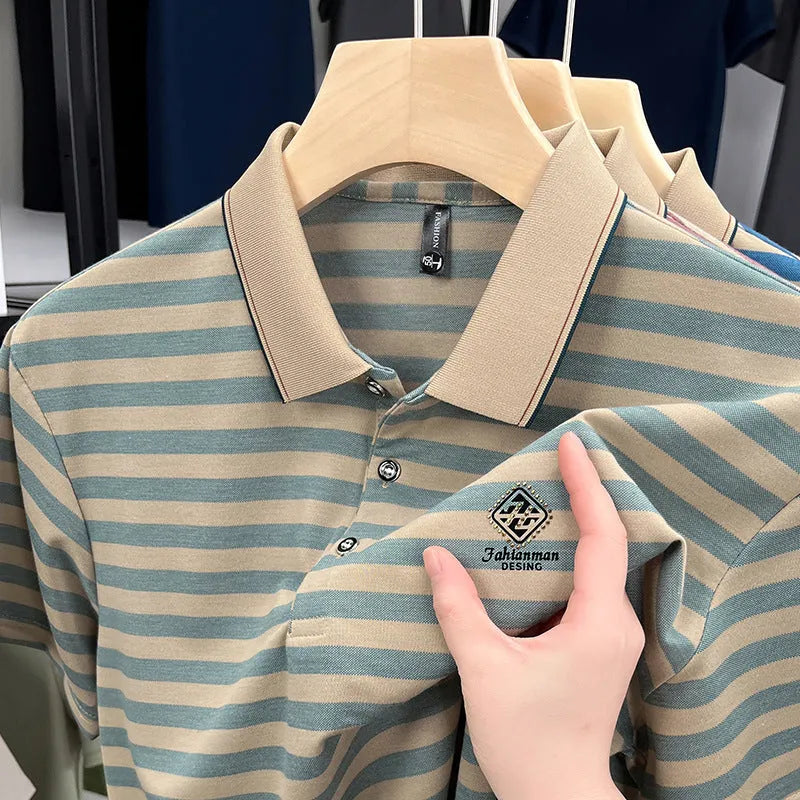 Red striped men's short sleeve t-shirt with mosaic pattern detail on a mannequin.