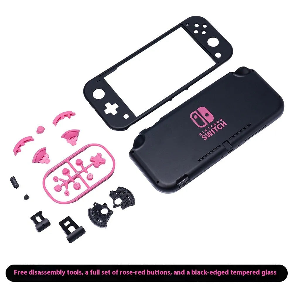 DIY transparent Switch Lite shell kit with ABS PC material, tempered film, and button set on a neutral background