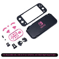 DIY transparent Switch Lite shell kit with ABS PC material, tempered film, and button set on a neutral background