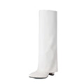 Women's black thick high heel boot with high cylinder length and sewing line detail on artificial PU upper