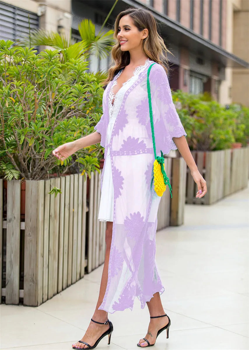Light purple women's beach dress cardigan for swimming and beachwear.