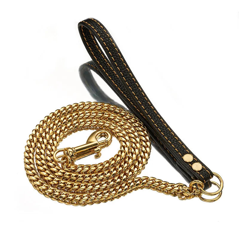 Stainless steel Cuban link chain dog hand holding rope with black leather in 10mm gold colour
