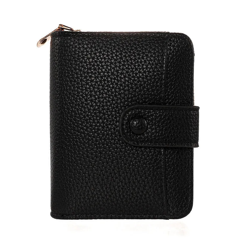 Women's beige lychee pattern short wallet made of PU, showing sewing thread detail and open organiser compartments.
