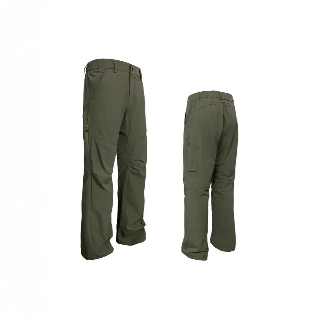 Men's straight-leg casual trousers in Army Green with an elastic mid waistband on a white background.