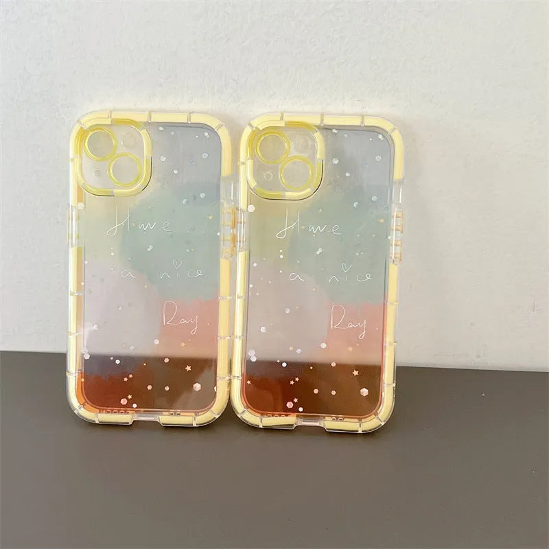 Minimalist yellow edge silicone phone case for iPhone 14 on a table.