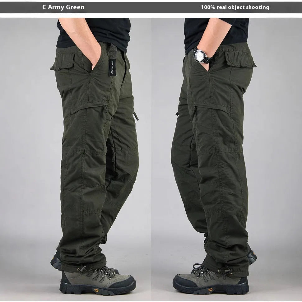 Men's thick velvet overalls with wool lining in khaki colour, showing straight leg and loose fit construction