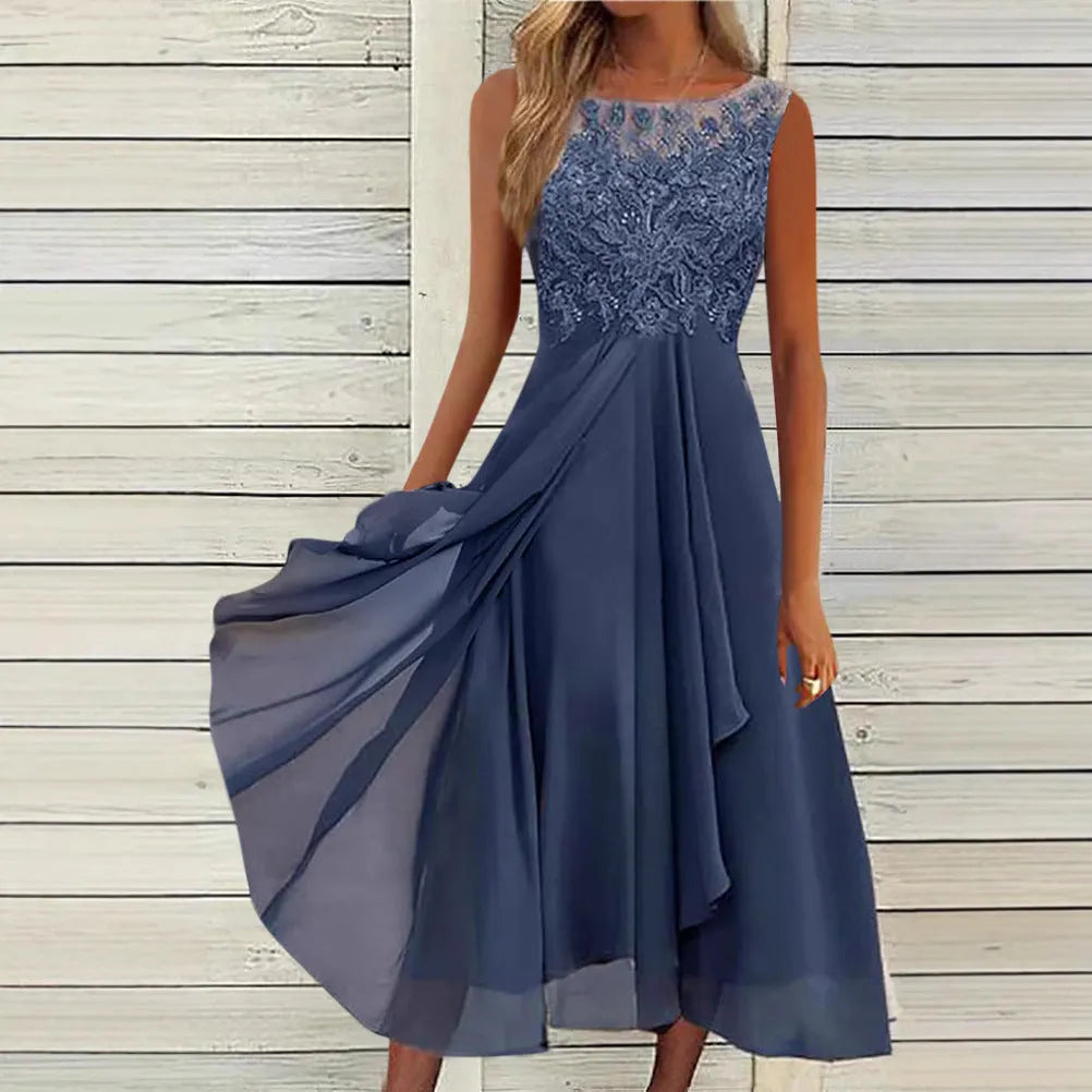 Women's sleeveless lace hollow-out chiffon dress in blue, green, or purple, mid-length skirt, princess style.