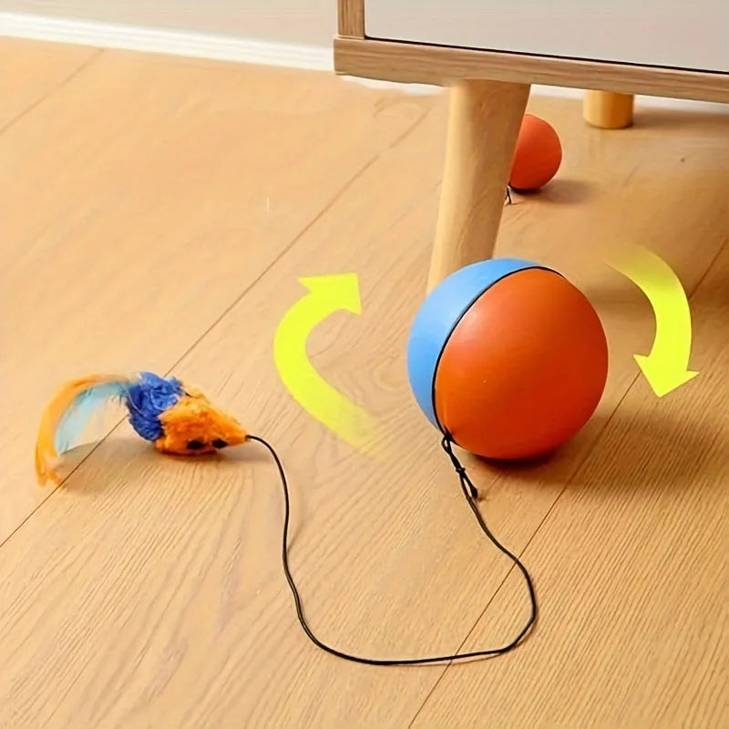 Interactive cat toy ball plush mouse with two removable tails in blue and orange colours