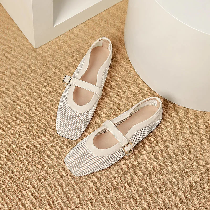 Women's summer mesh pumps with hollow out design, buckle closure, and low flat heel in multiple colour options