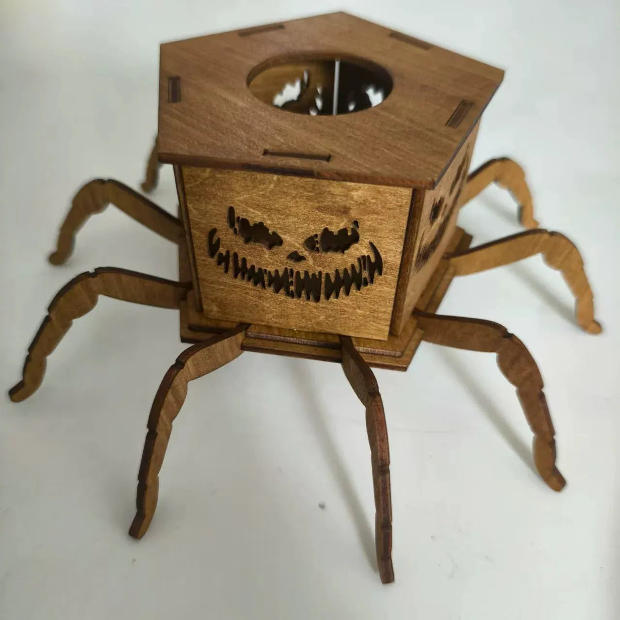 Wooden spider-themed lantern candlestick Halloween decoration measuring 21cm tall
