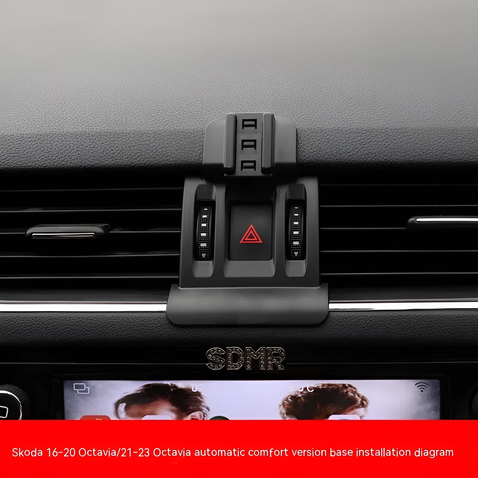 Snap-on base for Škoda car air vent phone mount, compatible with Kodiaq, Karoq, and Octavia models.