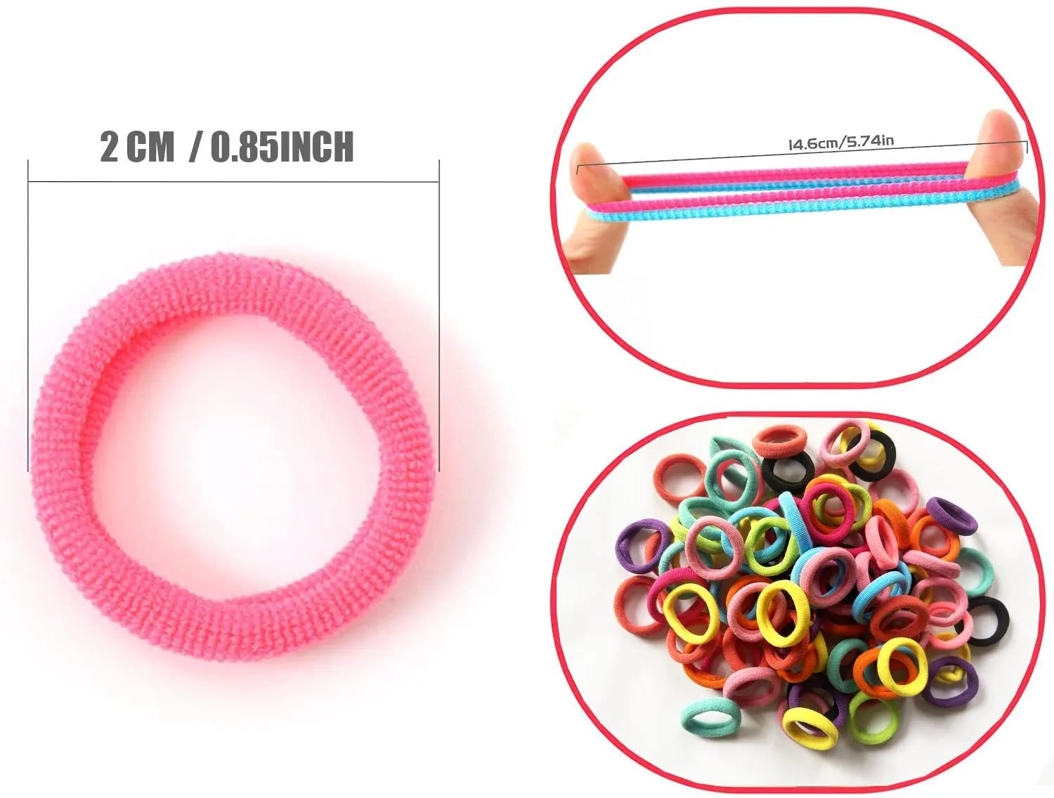 100 seamless cotton baby hair ties in 10 mixed colours displayed in small jar packaging