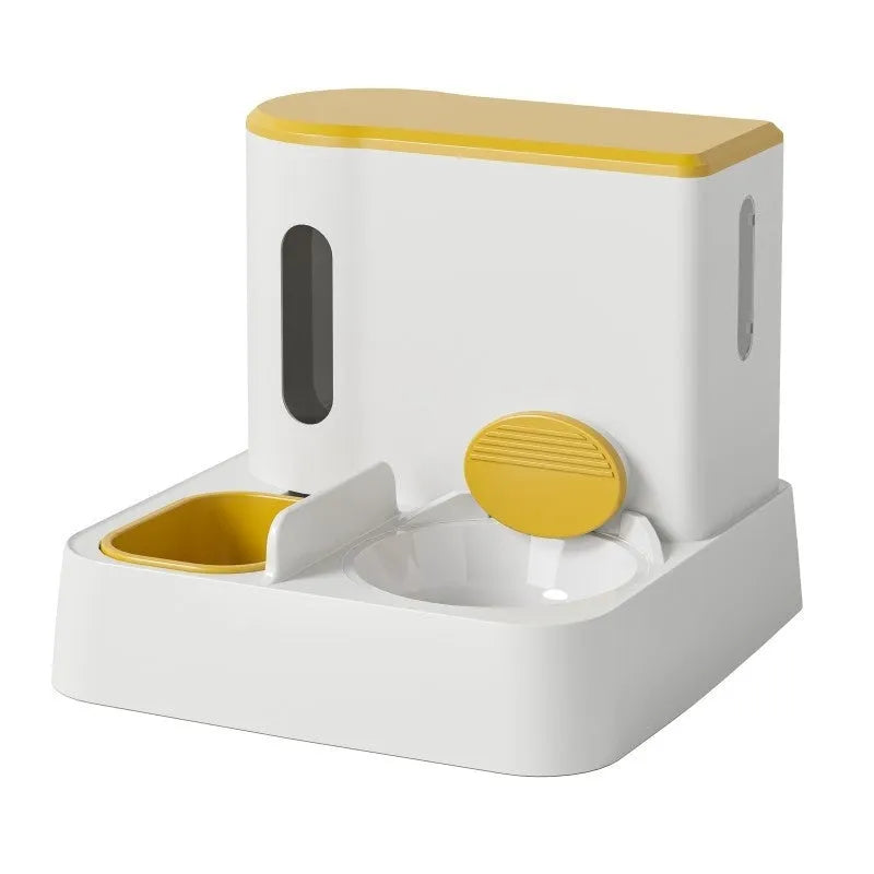 Grey automatic cat feeder and water dispenser unit with two bowls.