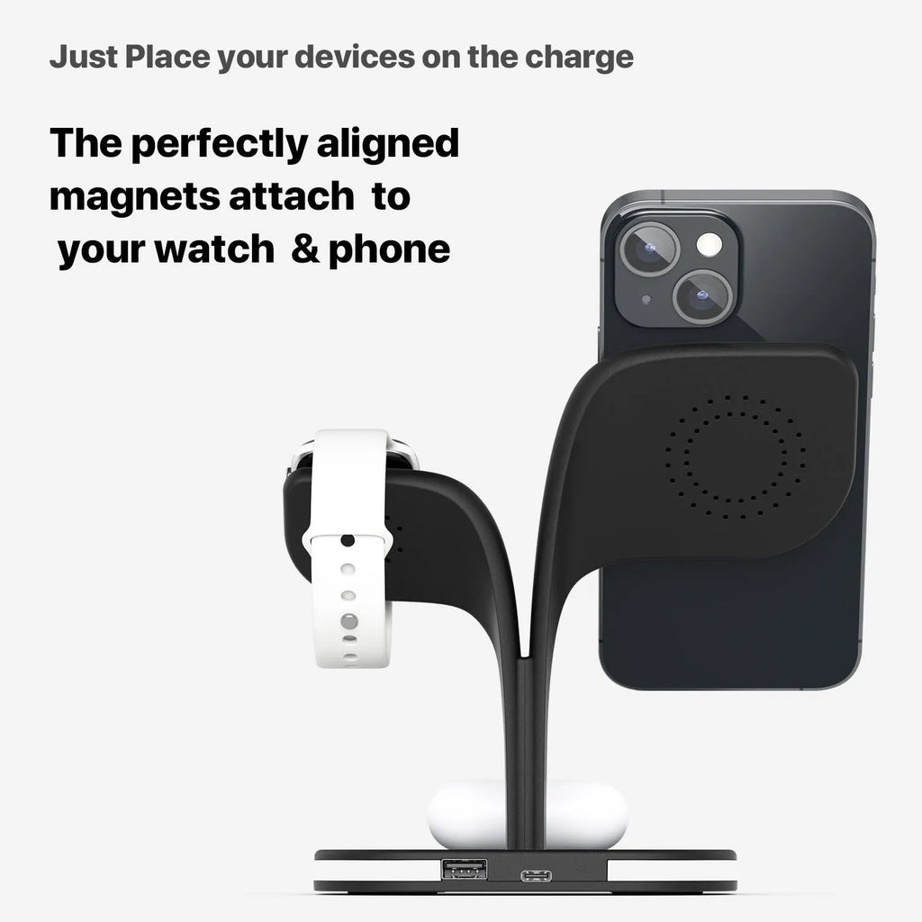 Black wireless charging stand for phone, watch, and headphones on desk with USB cable